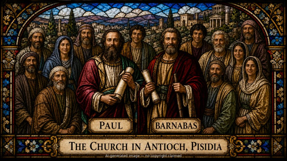 The church in Antioch (Pisidia) — stained-glass style group portrait