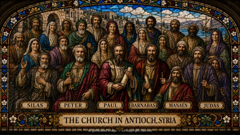 The church in Antioch (Syria) — stained-glass style group portrait