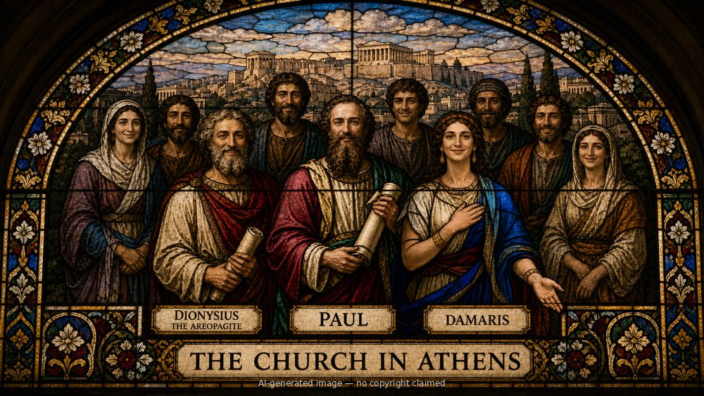 The church in Athens — stained-glass style group portrait