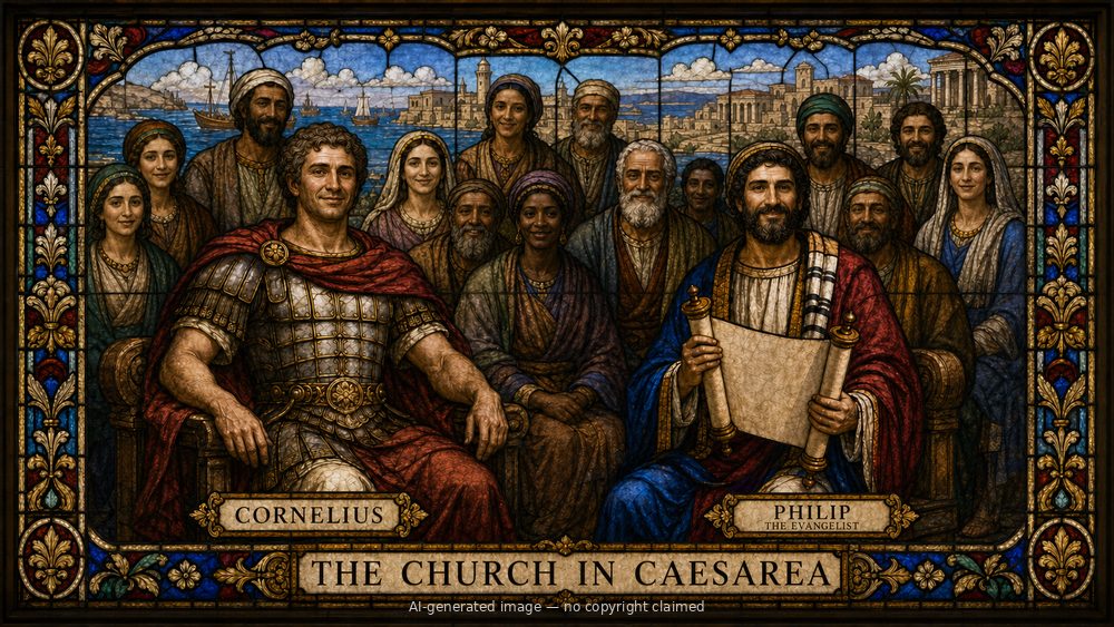 The church in Caesarea — stained-glass style group portrait