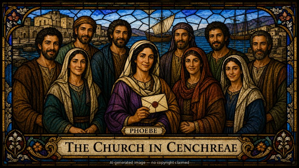 The church in Cenchreae — stained-glass style group portrait