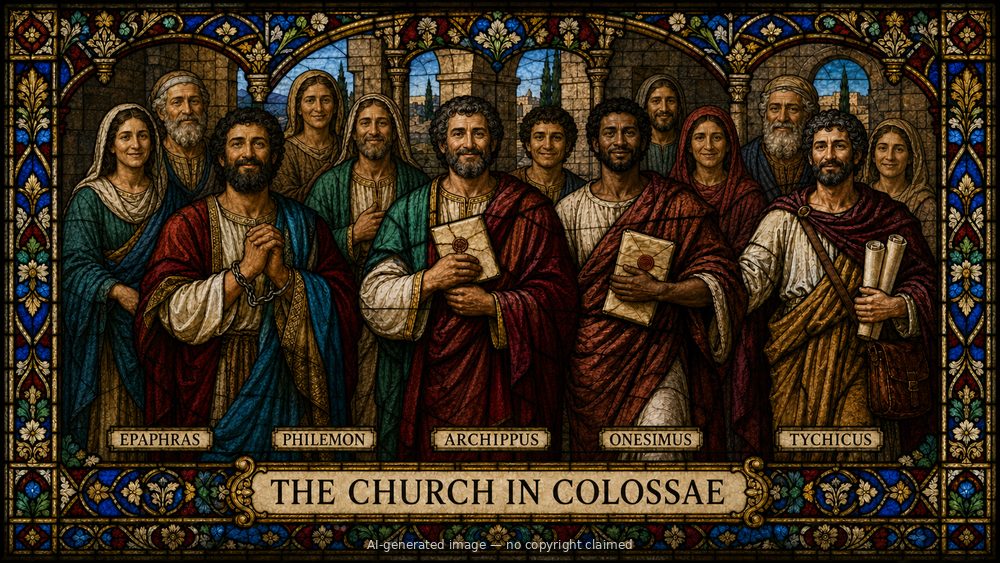 The church in Colossae — stained-glass style group portrait