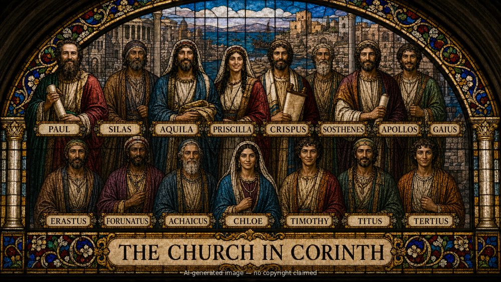 The church in Corinth — stained-glass style group portrait