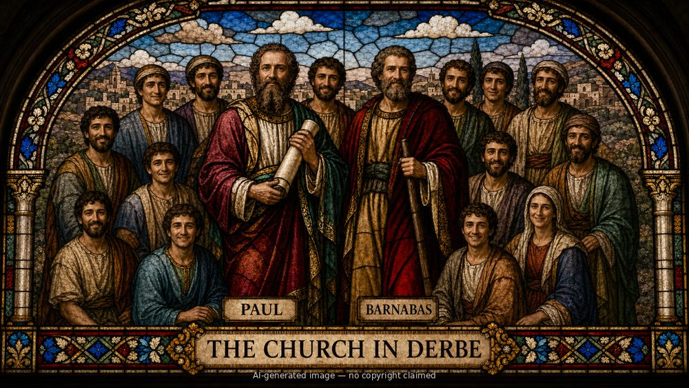 The church in Derbe — stained-glass style group portrait