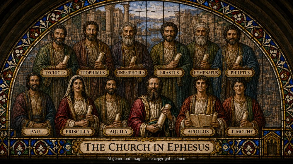 The church in Ephesus — stained-glass style group portrait