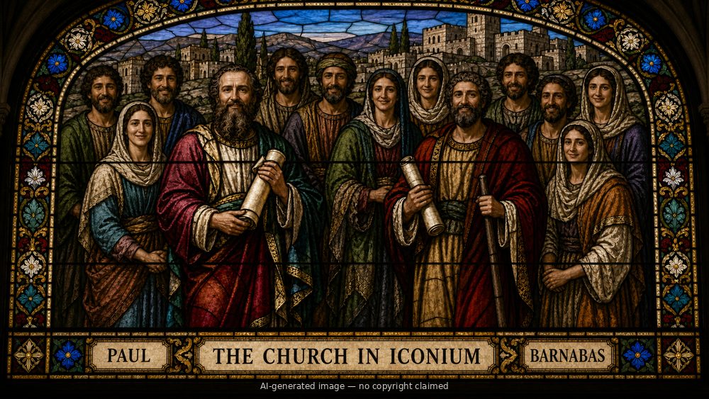 The church in Iconium — stained-glass style group portrait