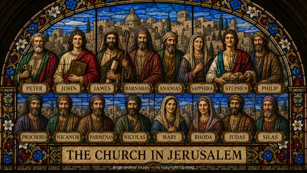 The church in Jerusalem — stained-glass style group portrait