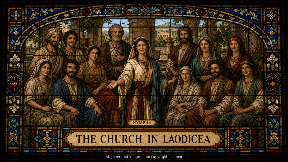 The church in Laodicea — stained-glass style group portrait