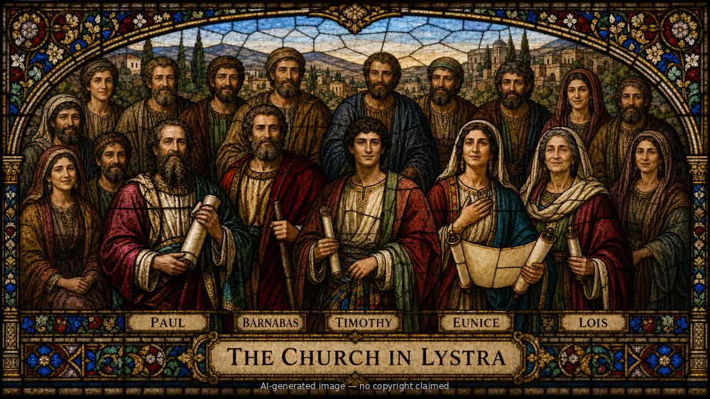 The church in Lystra — stained-glass style group portrait