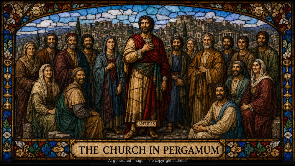 The church in Pergamum — stained-glass style group portrait