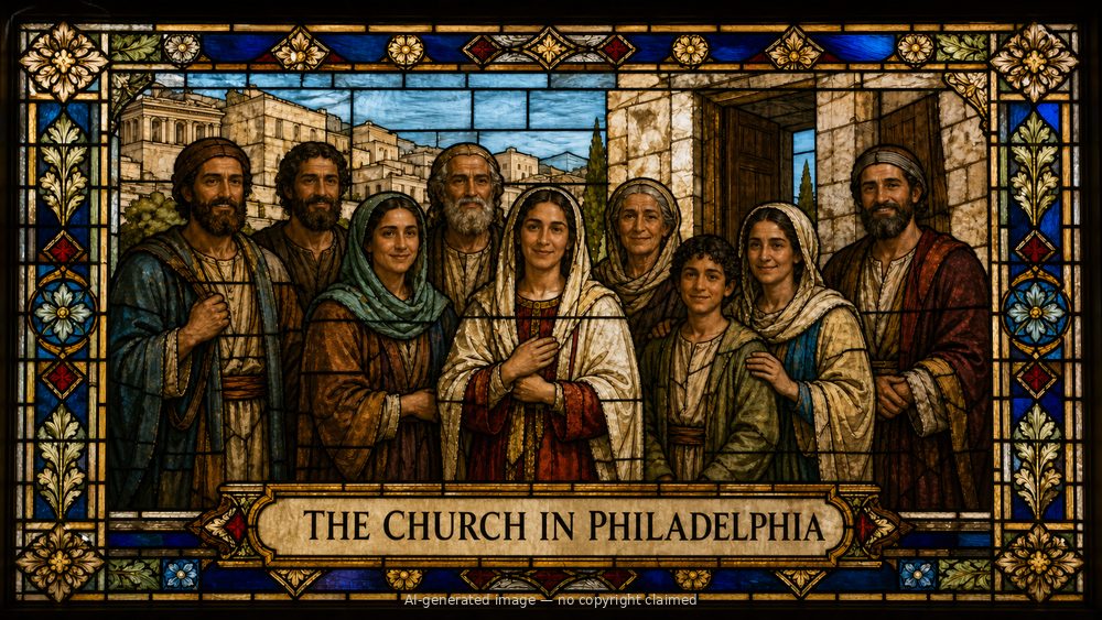 The church in Philadelphia — stained-glass style group portrait