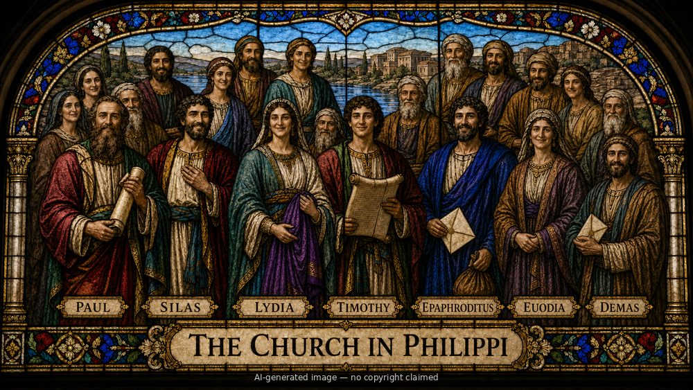 The church in Philippi — stained-glass style group portrait