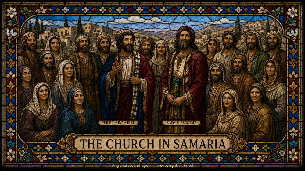 The church in Samaria — stained-glass style group portrait