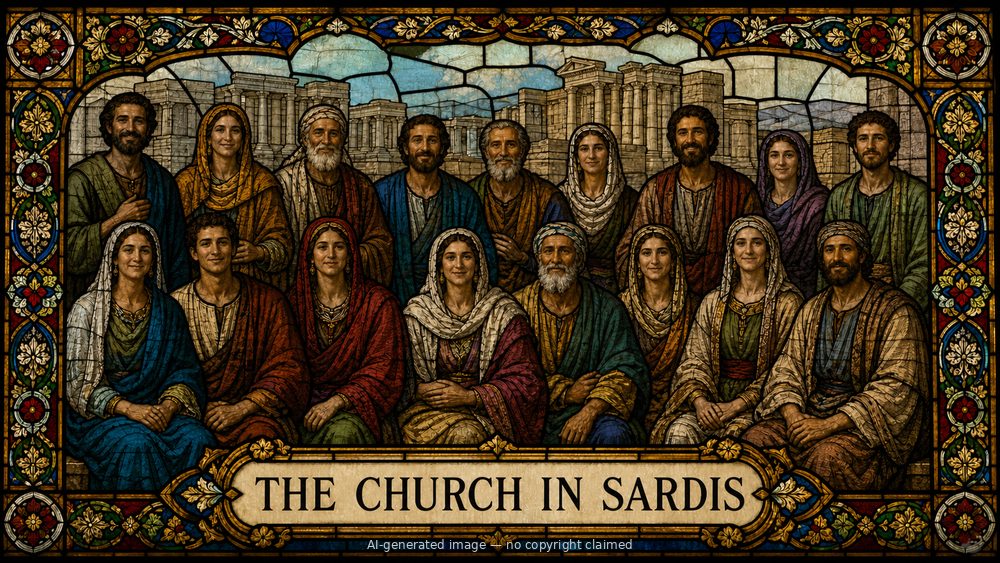 The church in Sardis — stained-glass style group portrait