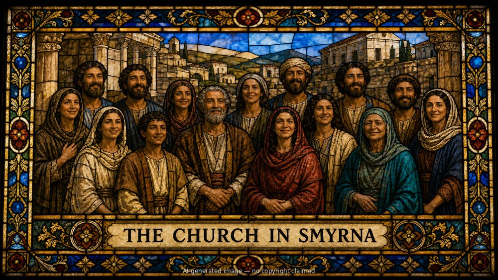 The church in Smyrna — stained-glass style group portrait