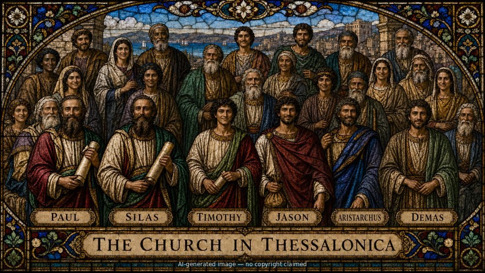 The church in Thessalonica — stained-glass style group portrait