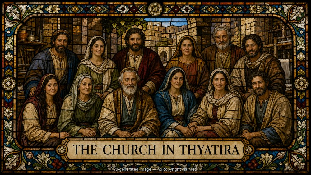 The church in Thyatira — stained-glass style group portrait