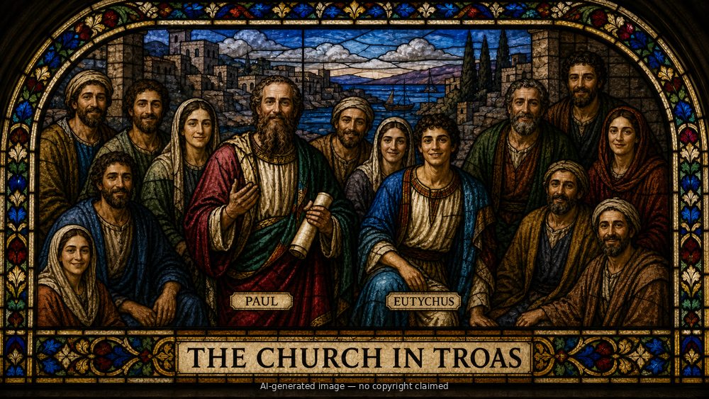The church in Troas — stained-glass style group portrait